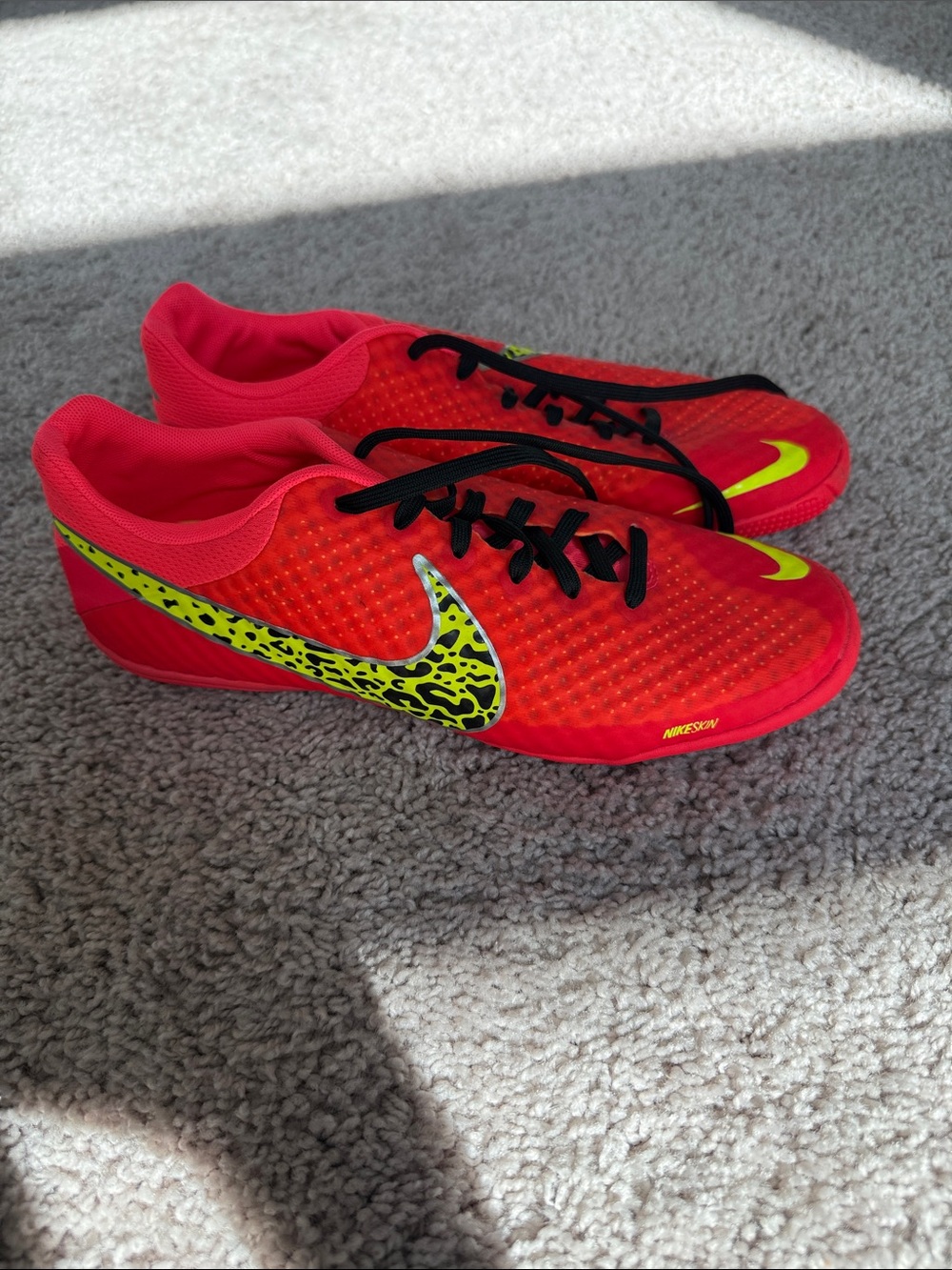 Nike Indoor Soccer Shoe Red with Neon Yellow Accent Indoor Soccer Shoes